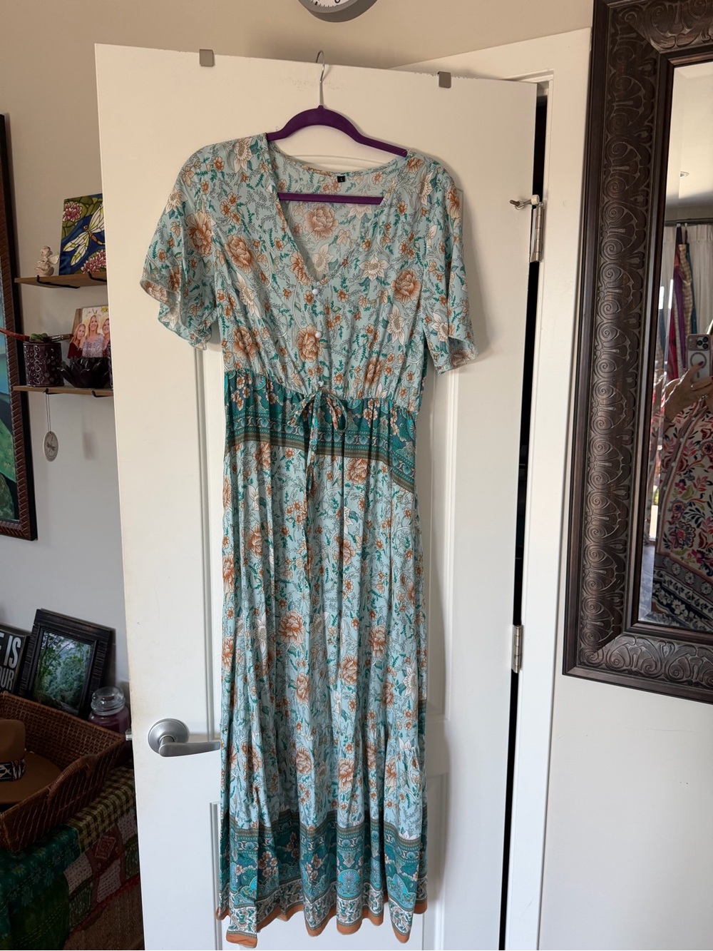 Women’s Floral Maxi Dress with Drawstring Waist - Light Teal